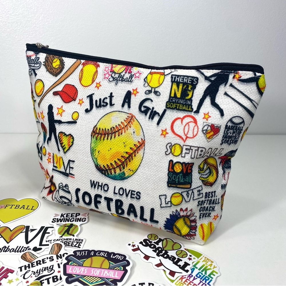 Girl Loves Softball Swag Lot 20oz Tumbler Cosmetic Pouch 40-Piece Sticker Set - Picture 3 of 10